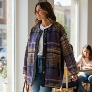 Aritzia Wilfred Free Purple Plaid Jacket Coat Italian Wool L NEW $248